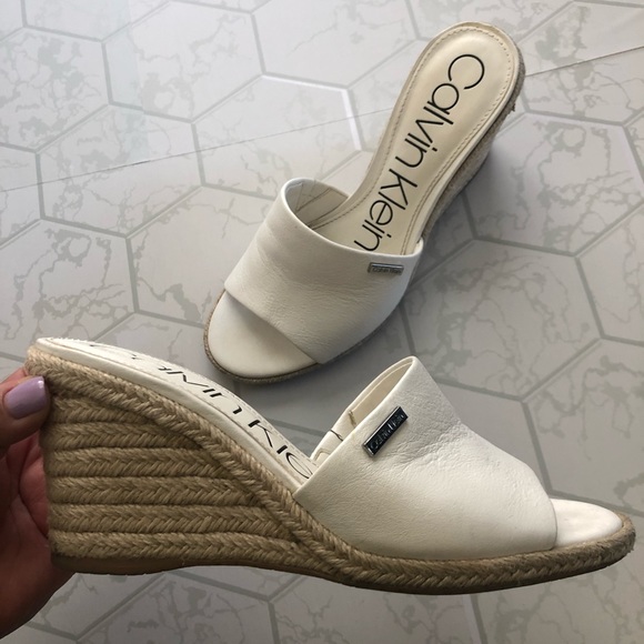 Calvin Klein Shoes - Calvin Klein White Leather Mule Wedges